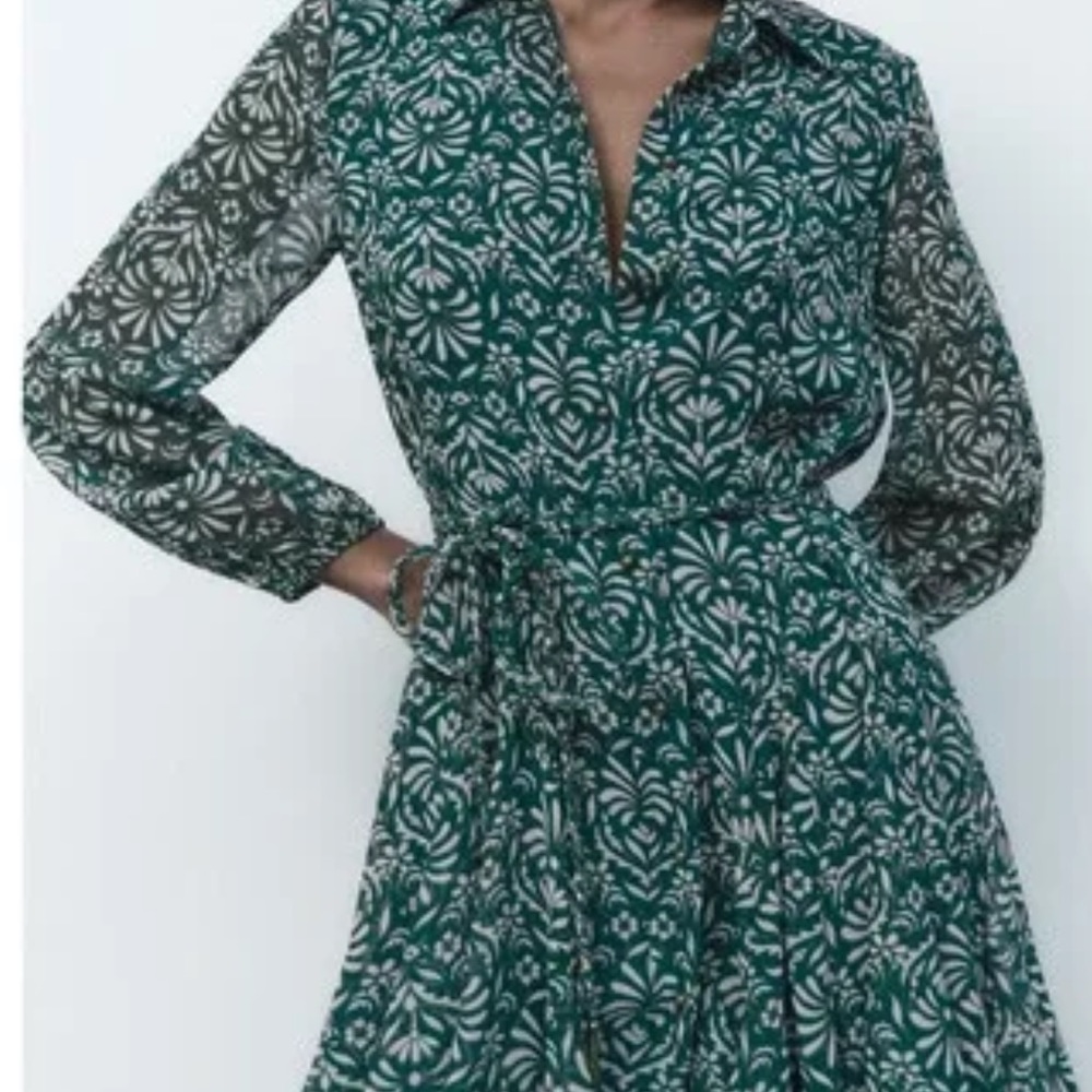 ZARA Women's Ecru Green Long Sleeves Lapel Collar Printed Floral Mini Dress